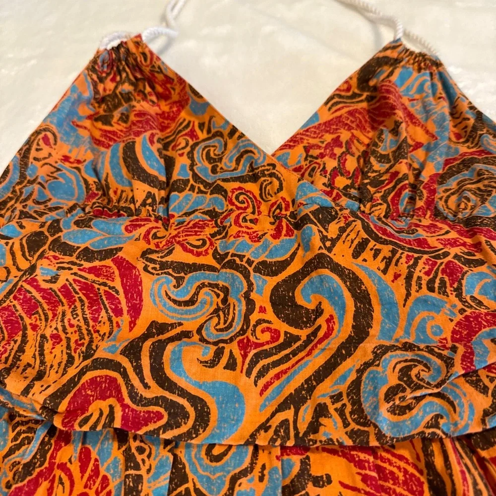 Anthropologie Moulinette Soeurs Rope Halter Dress Orange Blue Batik Print Size 6 - Picture 4 of 10